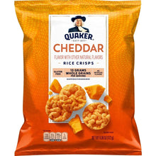 Cheddar rice crisps bag with Quaker branding and cheese snack image, 6.06 oz