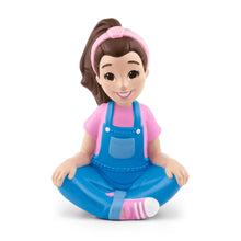 Sitting Ms. Rachel audio figurine with blue overalls and pink hairband