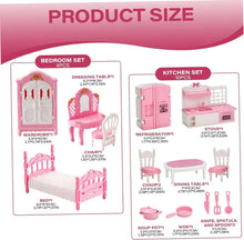 Dollhouse product size chart showing bedroom set and kitchen set pieces.