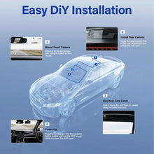 Dash cam installation guide showing mount steps for front and rear cameras