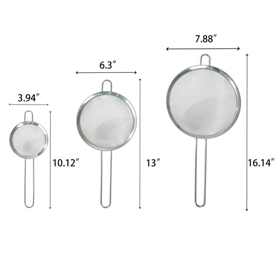 Mainstays 3 Pack Premium Stainless Steel Fine Mesh Strainers, 4", 6", and 8", Silver