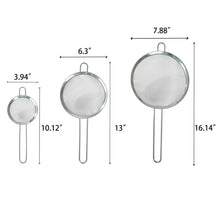 Stainless steel fine mesh strainers set of three, round baskets and long handles
