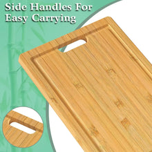 Bamboo cutting board with side carry handles and wide rectangular cutting area.