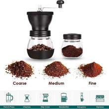 Manual coffee bean grinder set with glass jars and grind samples labeled coarse, medium, fine