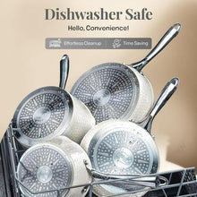 Hammered cream nonstick frying pans with glass lids in dishwasher rack