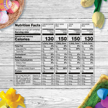 Nutrition facts panel for assorted mini chocolate bars with calorie values