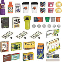 46-piece pretend cash register accessories set with play money and food boxes