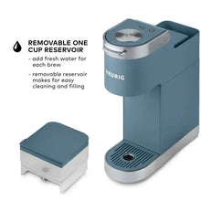 Teal single-serve coffee maker with removable one-cup reservoir and base