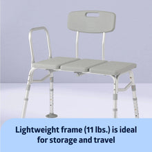 Gray shower chair transfer bench with padded seat panels and backrest