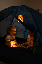 Kids blue bed tent with glowing lantern inside and starry firefly accents