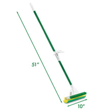 Sponge mop dimensions shown: green handle with yellow and green cleaning head, 51"x10".