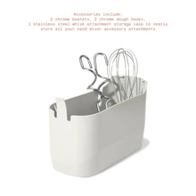 White storage case with chrome beaters, dough hooks, and wire whisk attachment