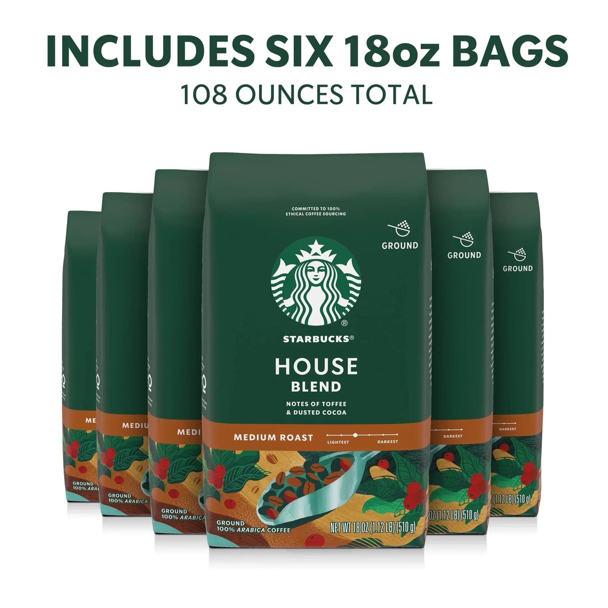 (6 pack) Starbucks House Blend, Ground Coffee, Medium Roast Hot or Iced Coffee, 18 oz