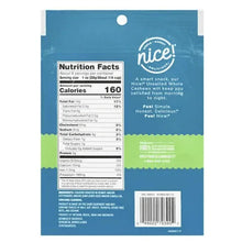 Nutrition facts panel on cashew bag; shows 160 calories and 5g protein per serving.