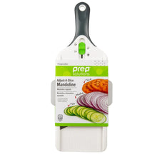 Prep mandolin slicer in retail packaging with adjustable slicing guard and handle