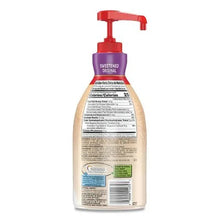 Coffee creamer pump bottle with back label, beige bottle and red pump dispenser