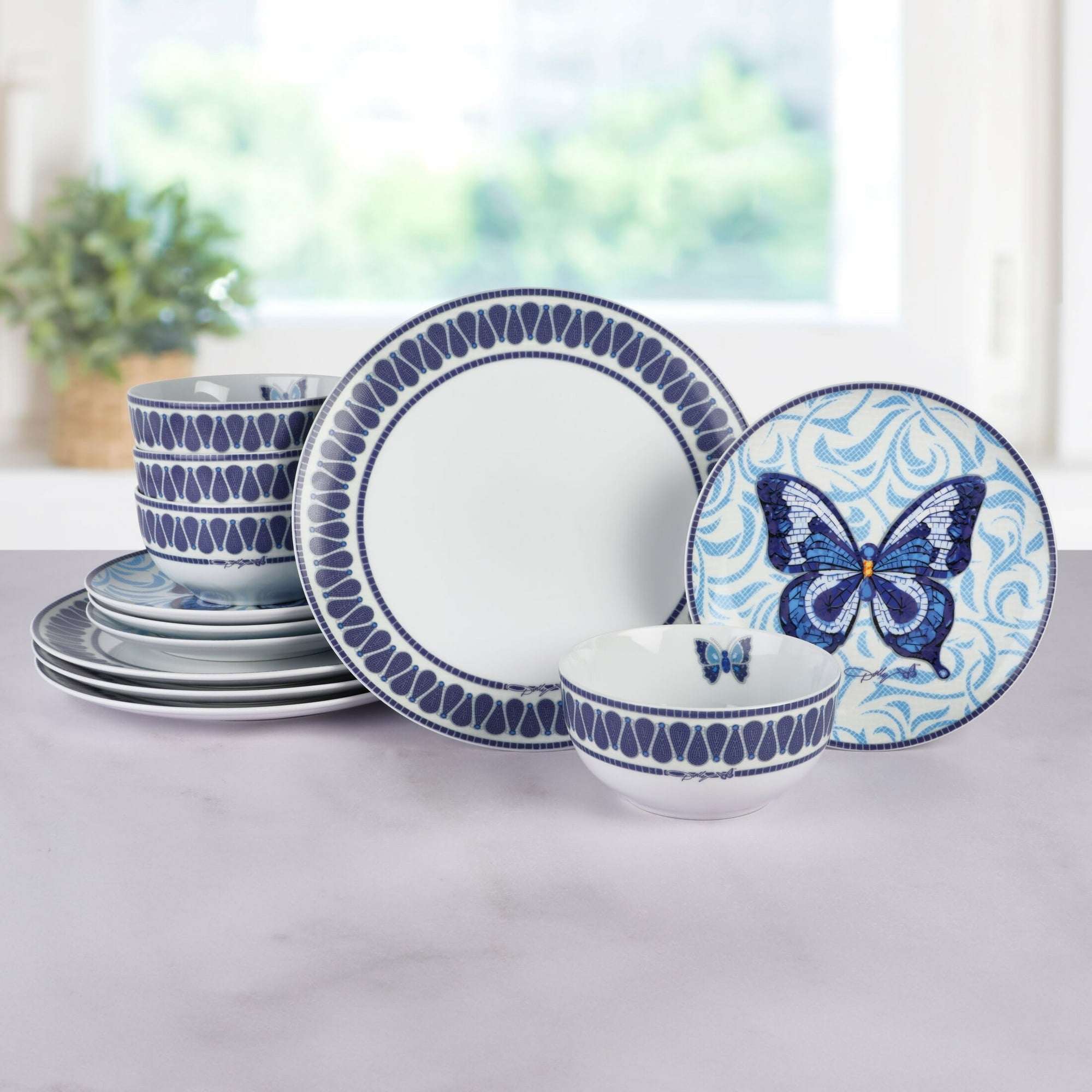 Dolly Parton Jeweled Mosaic 12pc Blue Butterfly Tableware Set