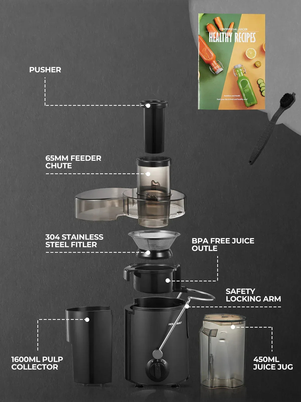 Juicer Machine with Wide Mouth 3" Feed Chute for Fruits and Vegetables, Black
