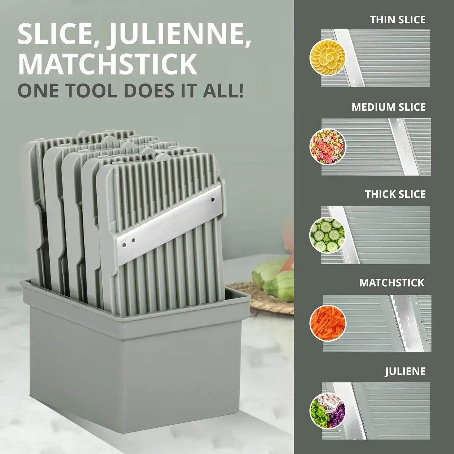 Emson Mandoline Slicer for Kitchen, All in 1 Mandolin Slicer for Food Works as Potato Slicer, Vegetable Slicer, Mandoline Food Slicer, French Fry Cutter with 5 Blades and Storage Container, Gray