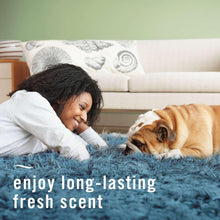 Pet odor-fighting fabric spray bottle near dog on blue blanket