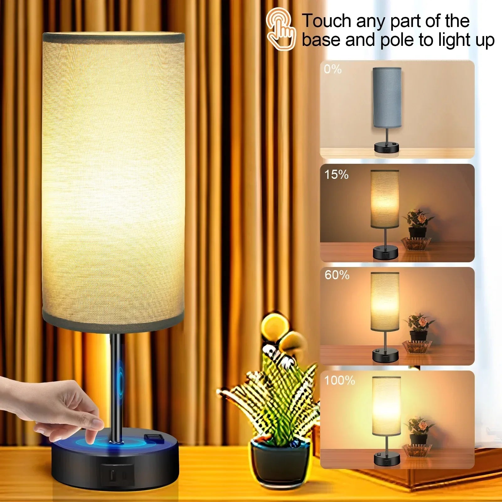 Table Lamps for Bedroom, 3 Way Dimmable Touch Control Bedside Lamp with USB C+A Fast Charging Ports, Nightstand Lamp for Office, Living Room, Reading(E26 Light Bulb Included) - USA MEGA SHOP
