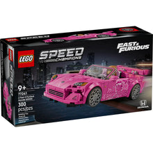 Pink LEGO Speed Champions car toy in box, Fast & Furious styling