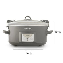 Grey oval slow cooker with locking lid and front control panel with dimensions