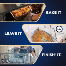 Finish Quantum Plus dishwasher detergent promotion showing a baked dish, soaking, and dishwasher loading