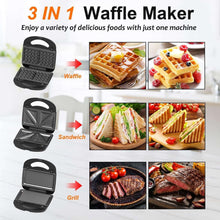 3-in-1 waffle maker showing interchangeable waffle, sandwich, and grill plates
