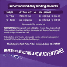 Purina Friskies Surfin & Turfin Favorites dry cat food bag, feeding chart panel