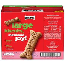 Large dog treat biscuits package showing two bone-shaped biscuits and feeding directions panel