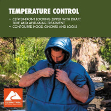 Blue wearable sleeping bag with hood, person adjusting the hood near the face.