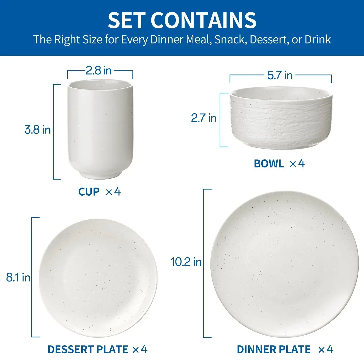 TINANA Porcelain Dinnerware Set, 16 PCS Stoneware, White Round Dish Set for 4, Plates and Bowls Sets for Dessert, Salad, Soup, Pasta
