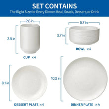 Dinnerware set diagram showing 4 cups, 4 bowls, 4 dessert plates, 4 dinner plates