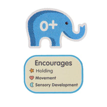 0+ age tag with blue elephant graphic and encourages holding, movement, sensory