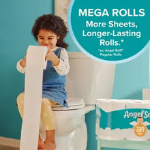 Toilet paper mega rolls pack, teal-and-white rolls on display