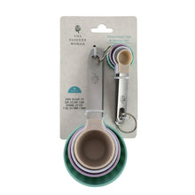Plastic measuring cup and spoon set with multicolor cups on blister card