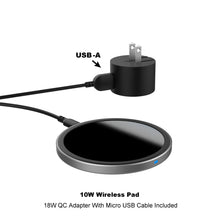 Wireless charging pad with USB-A and micro-USB cables and wall adapter