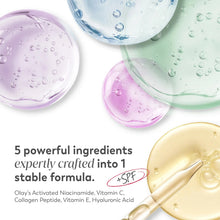 SPF face moisturizer with ingredient drops and cream swirls, pale purple and gold