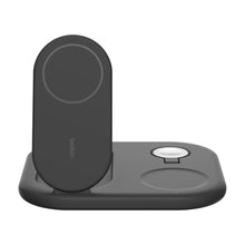Black 3-in-1 wireless charging dock with foldable phone stand and two charging pads