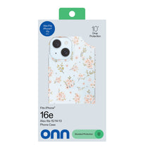 Clear phone case with pink floral pattern and gem-like corner accents