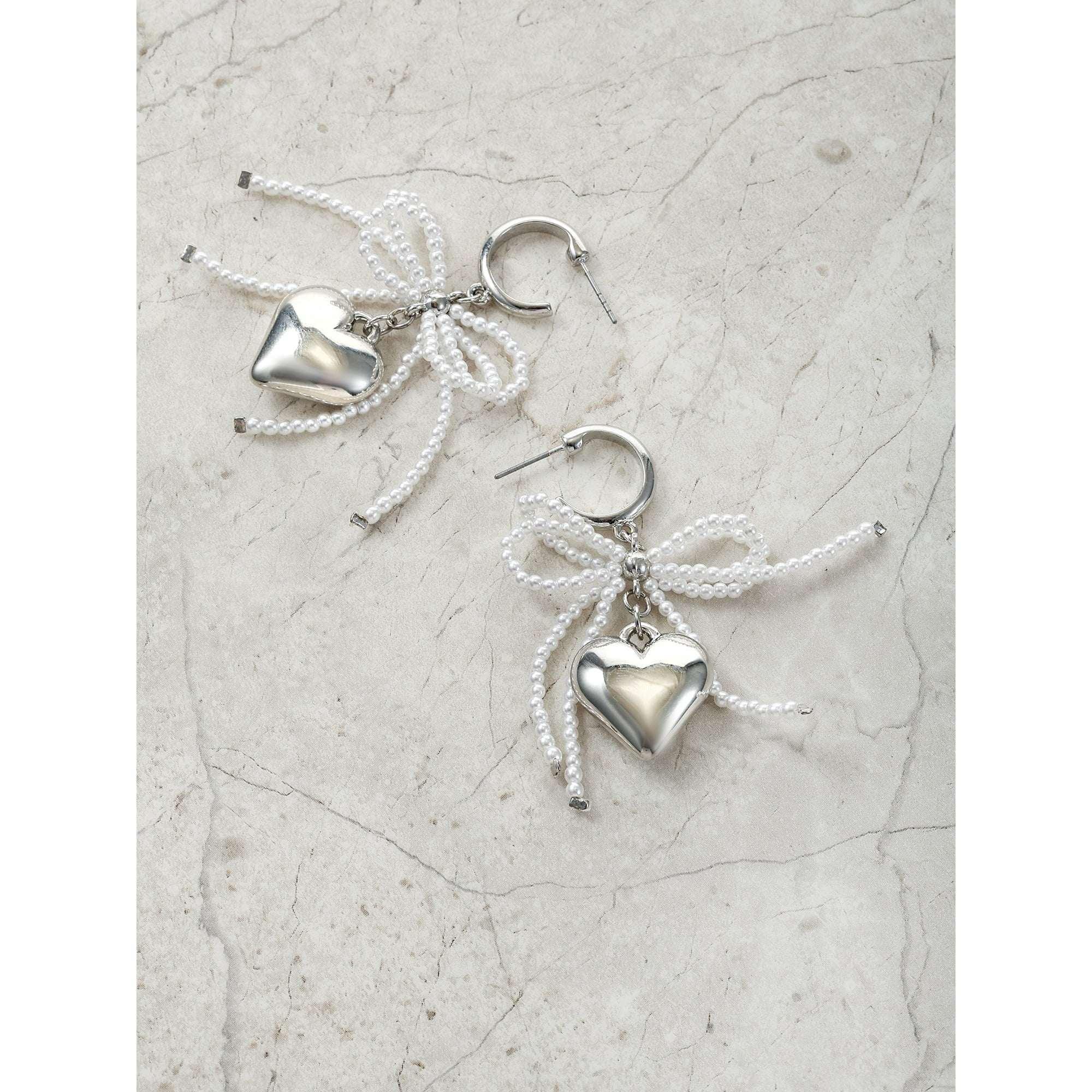 No Boundaries Silver-Tone Hoop Earrings with Heart and Bow Charms, 1-Pair, Women’s