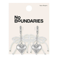 No Boundaries Silver-Tone Hoop Earrings with Heart and Bow Charms, 1-Pair, Women’s