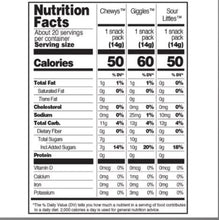 Nutrition Facts panel for snack packs with calories and nutrients per serving (14g)