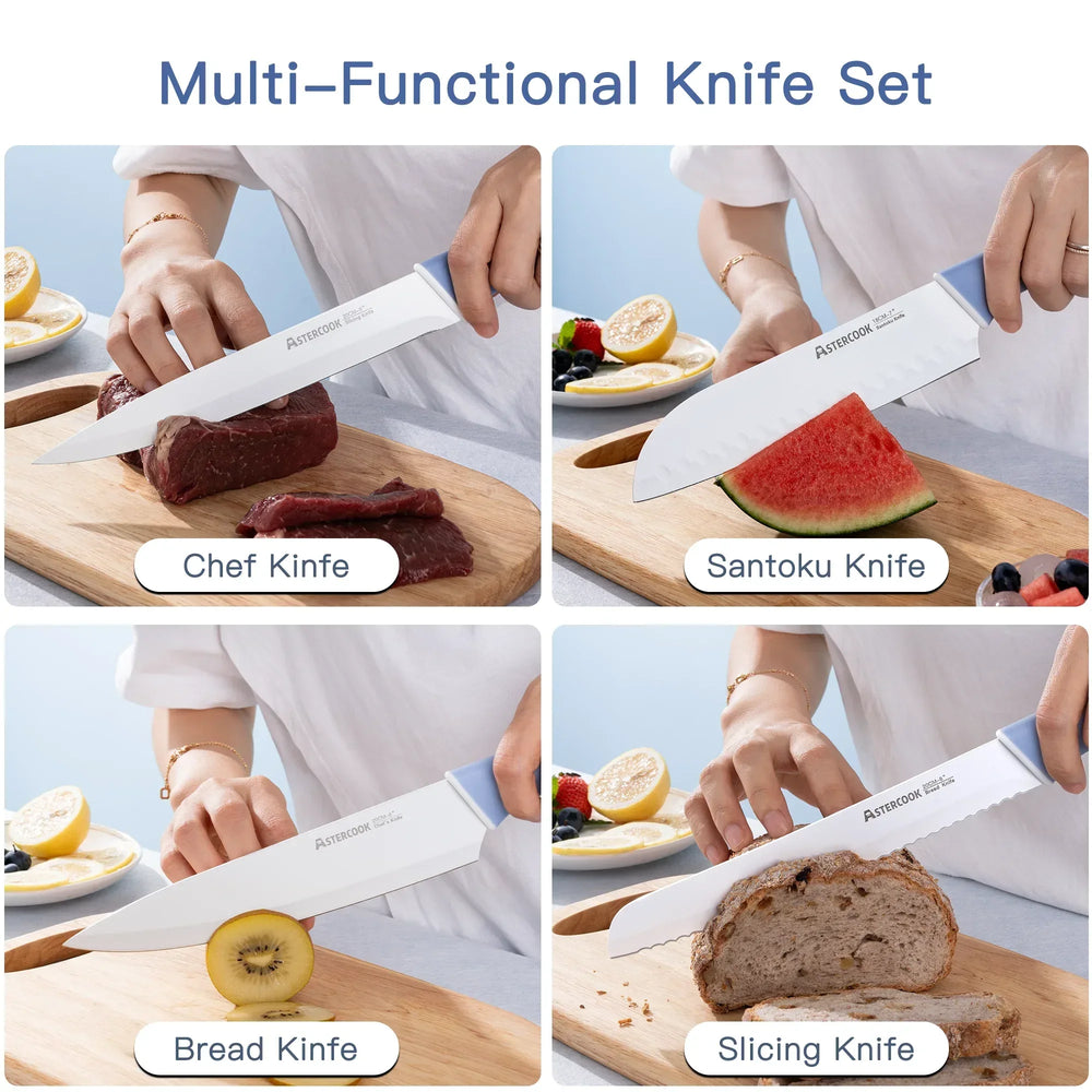 Astercook Knife Set, 14 Pieces Kitchen Knives Set with Healthy Anti-Rust Coating, Stainless Steel Knife Sets with Built-in Sharpener, Sharp & Rust Resistant Dishwasher Safe - USA MEGA SHOP