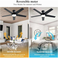 Reversible flush-mount ceiling fan with LED light, black blades for summer and winter
