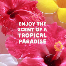 Tropical flower scent graphic with pink hibiscus blooms and yellow accents