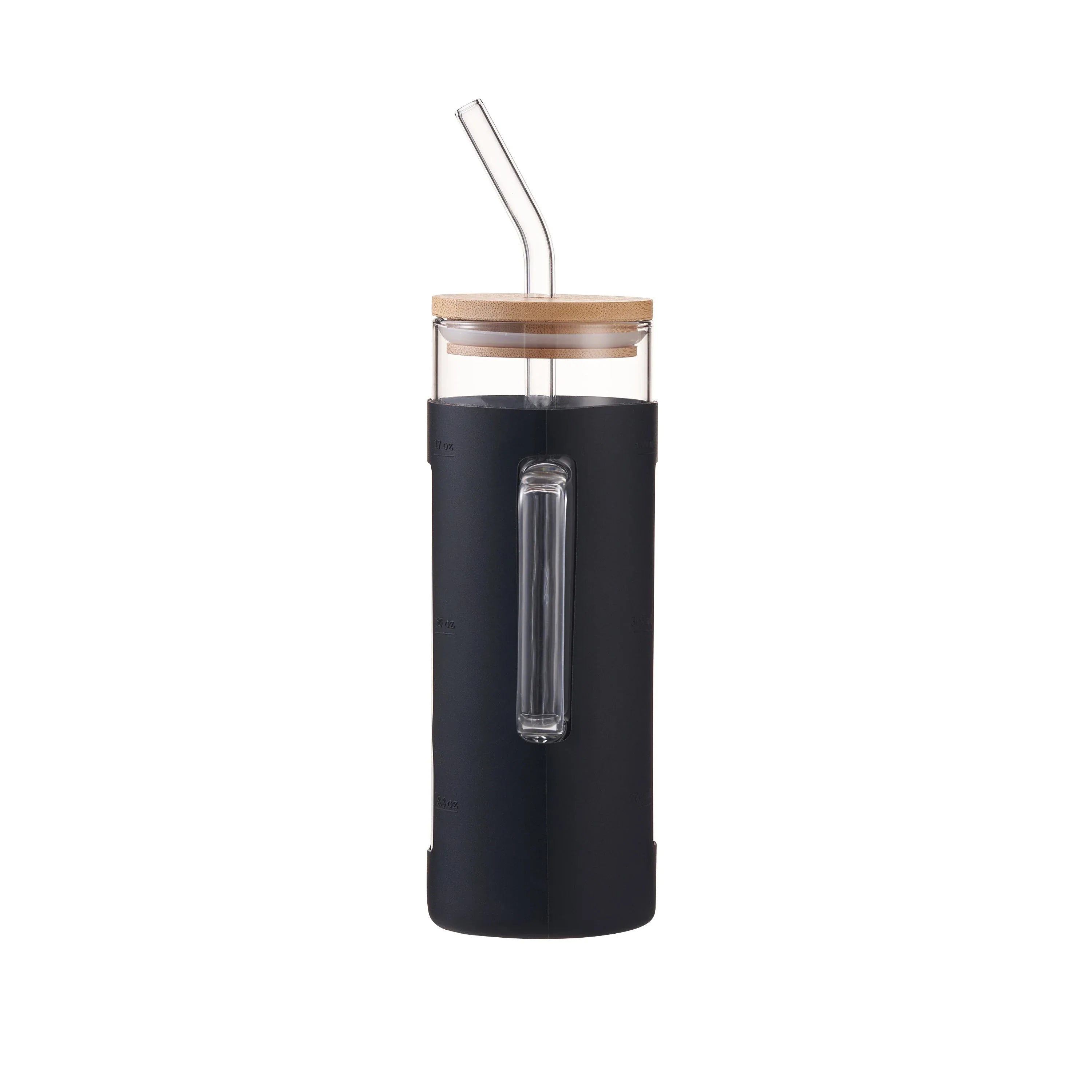 Mainstays Glass 22oz Tumbler with Black Protective Silicone Sleeve, Bamboo lid, Glass Straw - USA MEGA SHOP