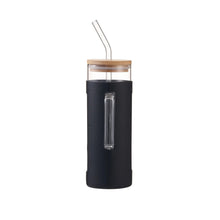 Black glass tumbler with bamboo lid and black silicone sleeve with included clear straw