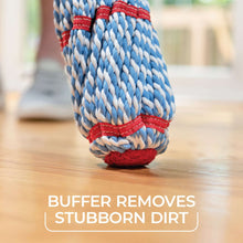 MicroTwist MAX microfiber mop head with blue braided loops and red edge stitching, close-up